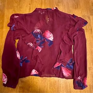Lucky Brand Floral Ruffle Long Sleeve Blouse in Burgundy